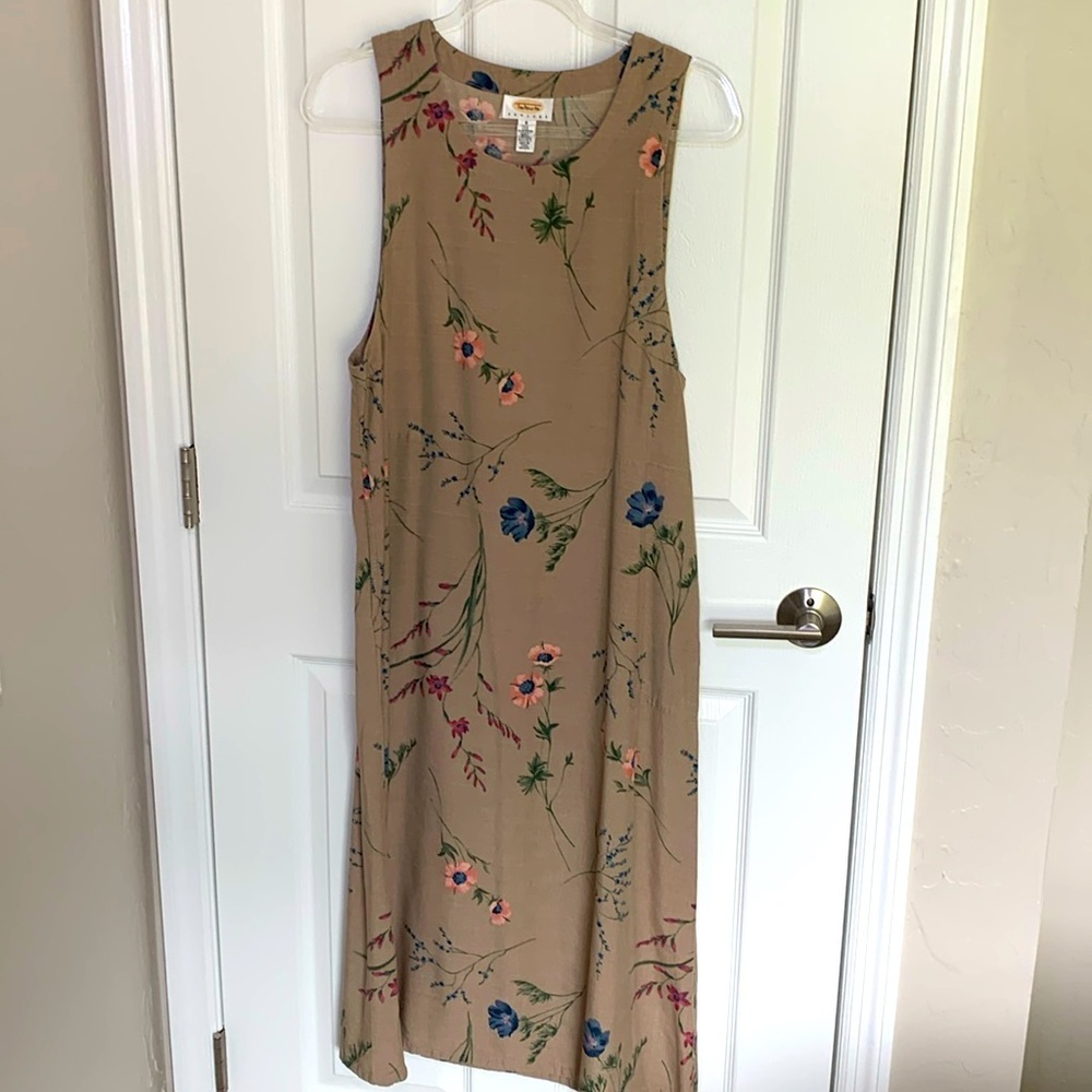 Vintage Talbots maxi dress- tan with floral print pockets Tencel size 8p